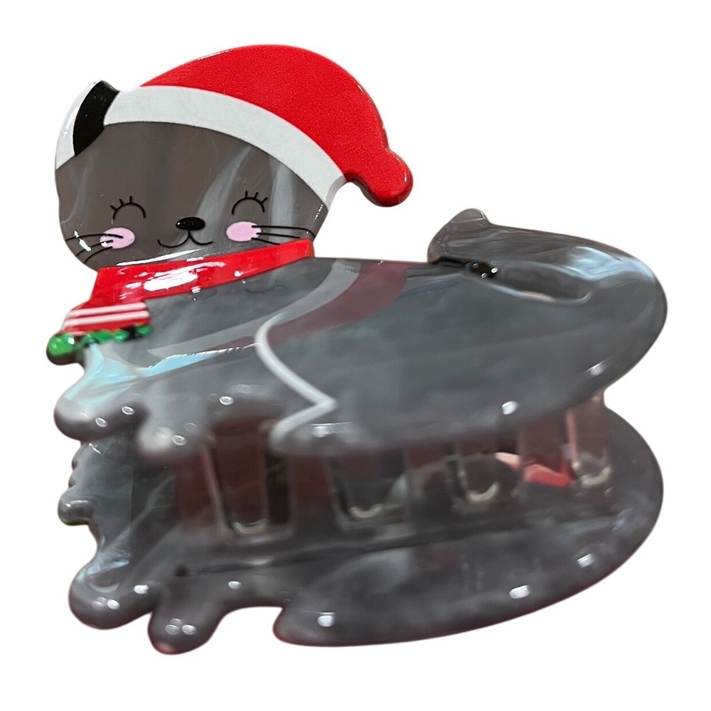 nOir Christmas Cat Hair Claw Clip Grey Marbled Acetate Santa Hat Scarf Holiday